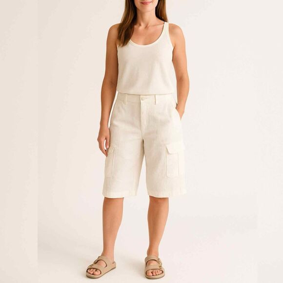 Johnny Was 100% Linen White Women's Cargo Roll Tab Adjustable Length Shorts - Picture 1 of 7